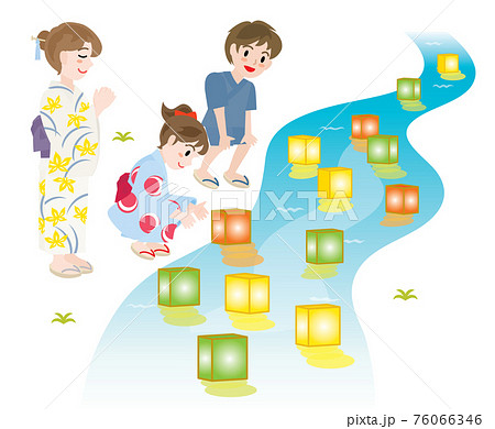 灯篭流しをする親子 灯篭流しをする親子 76066346