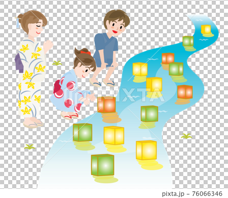 灯篭流しをする親子 灯篭流しをする親子 76066346