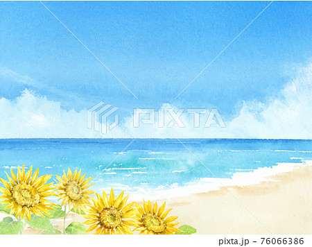 海とヒマワリと青空 夏の背景 水彩イラスト 海とヒマワリと青空 夏の背景 水彩イラスト 76066386
