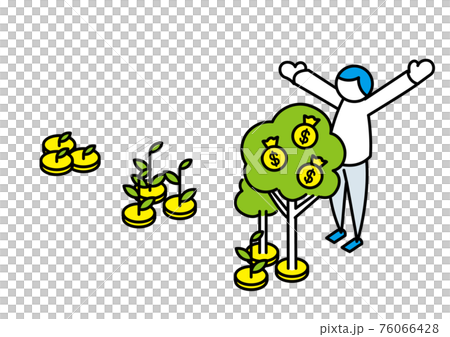 育ったお金の木をみて喜ぶイラスト　線画ver 76066428