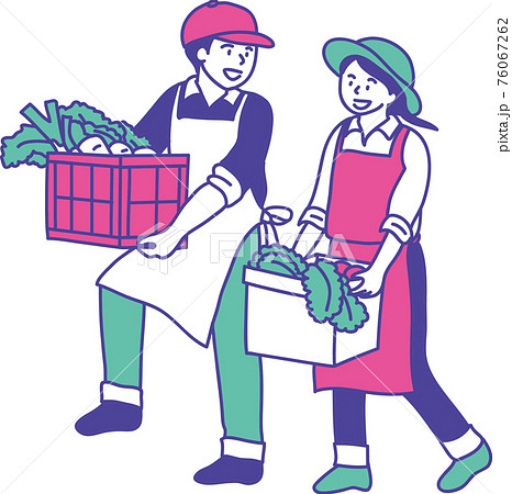 収穫した野菜を運ぶ農家の若い夫婦のイラストのイラスト素材