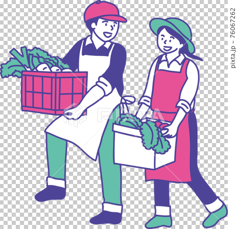 収穫した野菜を運ぶ農家の若い夫婦のイラストのイラスト素材