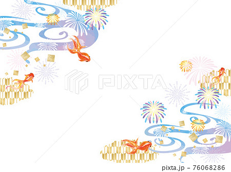 水彩風の金魚と花火の和風背景素材のイラスト素材