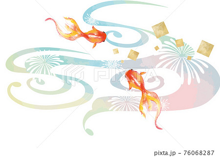 水彩風の金魚と花火の和風背景素材のイラスト素材