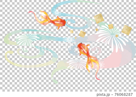 水彩風の金魚と花火の和風背景素材 76068287