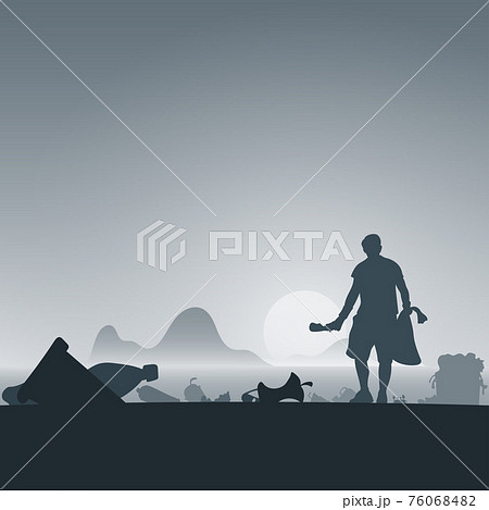 male volunteer cleaning garbage on beach area in gradient shade background illustration vector. Ecology concept. 76068482