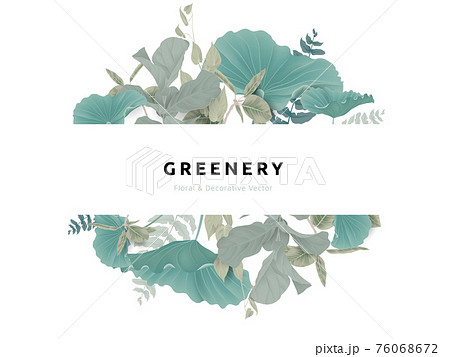 Greenery bouquet wreath template, lotus leaves and tropical green leaves in oval shape 76068672