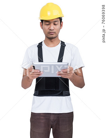 Portrait engineer with touchscreen tablet device 76069398