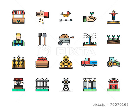 Set of Farming Flat Color Line Icons. Farmer, Tractor, Millwheel and more. 76070165