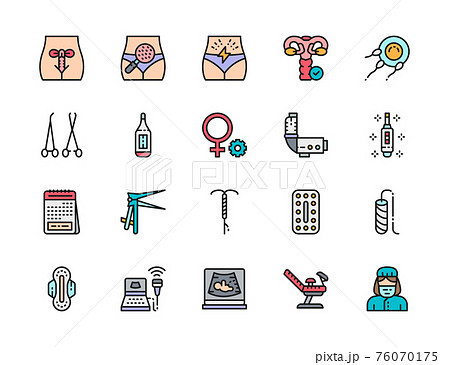 Set of Gynecology Color Line Icons. Thermometer, Pregnancy Test, Tampon and more Set of Gynecology Color Line Icons. Thermometer, Pregnancy Test, Tampon and more 76070175