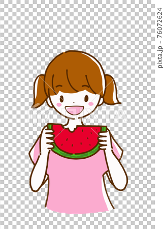 スイカを笑顔で楽しく食べる小学生の女の子の線画イラストのイラスト素材