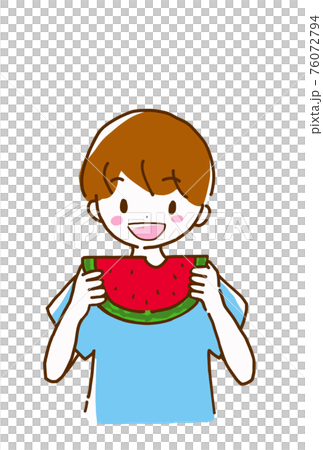 スイカを美味しそうに笑顔で楽しく食べている小学生の男の子の線画のイラスト 76072794