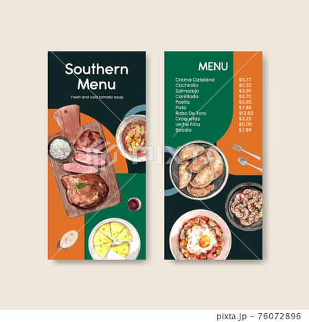Menu template with Spain cuisine concept design for bisto and restaurant watercolor illustration Menu template with Spain cuisine concept design for bisto and restaurant watercolor illustration 76072896