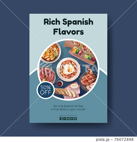Poster template with Spain cuisine concept design for brochure and leaflet watercolor illustration Poster template with Spain cuisine concept design for brochure and leaflet watercolor illustration 76072898