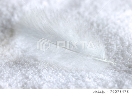 White bird feather lies on towel closeup 76073478