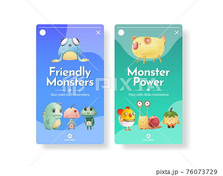 Instagram template with monster concept design watercolor illustration Instagram template with monster concept design watercolor illustration 76073729