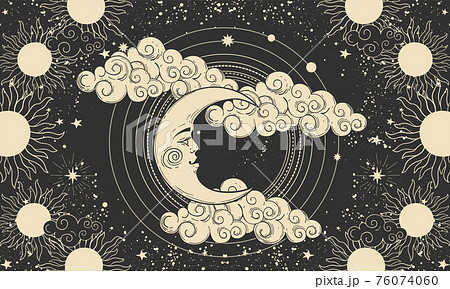 Heavenly Banner Crescent Moon With A Face On A のイラスト素材 Heavenly Banner Crescent Moon With A Face On A のイラスト素材