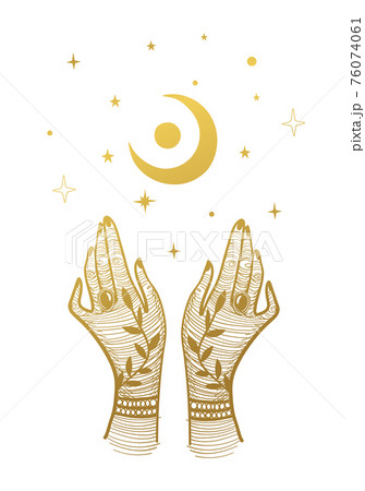 Two golden female hands and a crescent moon with stars. Vintage illustration for tarot, palmistry, witchcraft, astrology. Vector illustration is isolated on a white background. 76074061