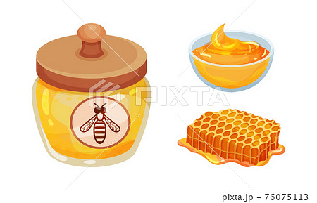 Glass Jar with Sugary Honey Fluid and Honeycomb Vector Set 76075113