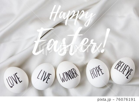 HAPPY EASTER greeting card Easter eggs Composition. drawn with pen. High Angle View Of Shells On Table. Love Live Believe Wonder Hope 76076191