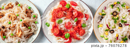 Konjac pasta panorama. Fettuccine with various vegetable toppings Konjac pasta panorama. Fettuccine with various vegetable toppings 76076278