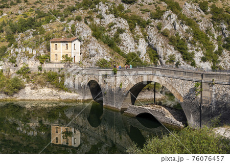 Lake San Domenico with Eremo di San Domenico near Scanno, Province of L'Aquila, region of Abruzzo, Italy 76076457