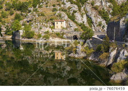 Lake San Domenico with Eremo di San Domenico near Scanno, Province of L'Aquila, region of Abruzzo, Italy 76076459