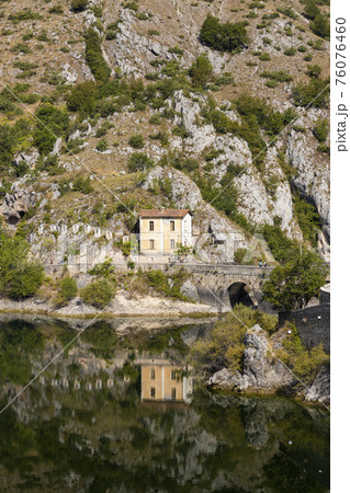 Lake San Domenico with Eremo di San Domenico near Scanno, Province of L'Aquila, region of Abruzzo, Italy 76076460