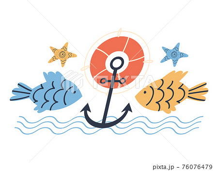 On a white background fish anchor and life ring. Logo sea theme, flat style, vecto On a white background fish anchor and life ring. Logo sea theme, flat style, vecto 76076479
