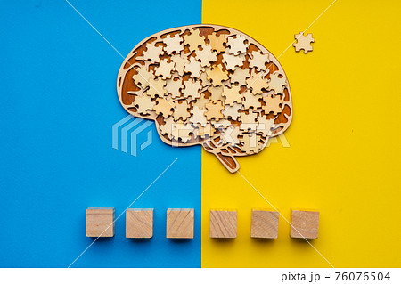 Mock up of a human brain with scattered puzzle pieces Mock up of a human brain with scattered puzzle pieces 76076504