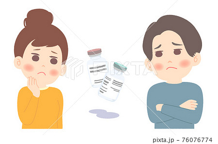 ワクチン接種について不安そうな若い夫婦 76076774