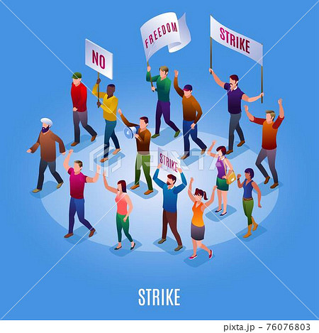 Strike activists protesting with flags and banners illustration isometric icons on blue isolated background 76076803