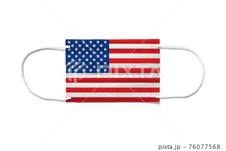 Flag of USA on a disposable surgical mask. White background Flag of USA on a disposable surgical mask. White background 76077568