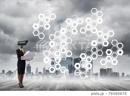 Concept of security and privacy protection with camera headed woman Concept of security and privacy protection with camera headed woman 76080678
