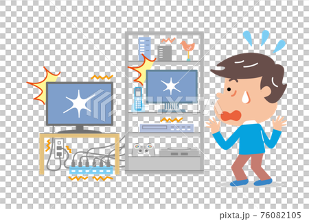 落雷　雷サージ　接続機器の被害を見て驚く若い男性のイラスト 76082105