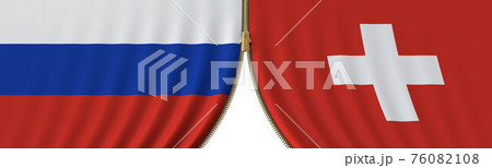 Russia and Switzerland cooperation or conflict, flags and closing or opening zipper between them. Conceptual 3D rendering 76082108