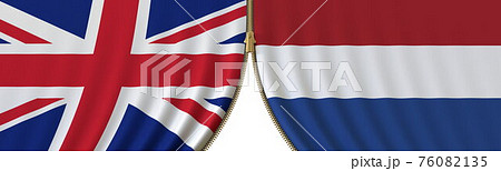 the United Kingdom and the Netherlands cooperation or conflict, flags and closing or opening zipper between them. Conceptual 3D rendering 76082135