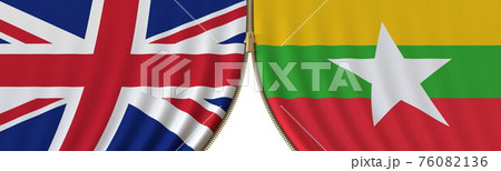 the United Kingdom and Myanmar cooperation or conflict, flags and closing or opening zipper between them. Conceptual 3D rendering 76082136