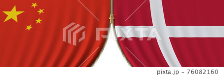 China and Denmark cooperation or conflict, flags and closing or opening zipper between them. Conceptual 3D rendering China and Denmark cooperation or conflict, flags and closing or opening zipper between them. Conceptual 3D rendering 76082160