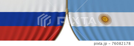 Russia and Argentina political cooperation or conflict, flags and closing or opening zipper, conceptual 3D rendering 76082178