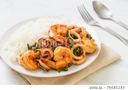 rice and stir-fried seafood with Thai basil rice and stir-fried seafood with Thai basil 76085283