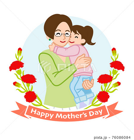 娘を抱きしめる眼鏡の母親 母の日コンセプトイラストのイラスト素材