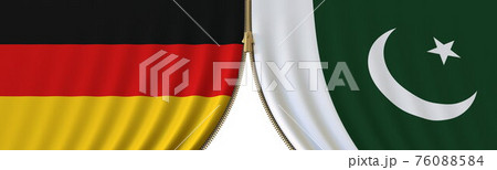 Germany and Pakistan cooperation or conflict, flags and closing or opening zipper between them. Conceptual 3D rendering 76088584