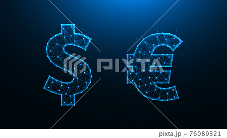 Polygonal vector illustration of the dollar and euro symbols. Dollar and euro made of lines and dots. 76089321