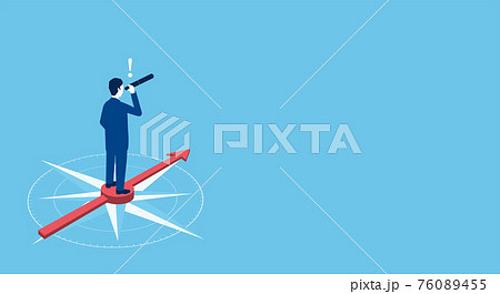 望遠鏡をのぞくビジネスマン、羅針盤と矢印の背景、ベクターイラストレーション 76089455
