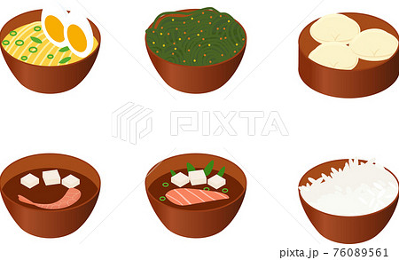 cons of asian soups and rice in brown plates on white 76089561