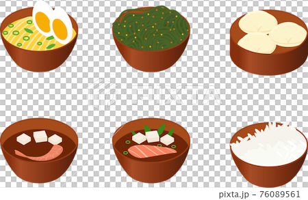 cons of asian soups and rice in brown plates on white 76089561