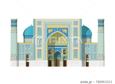 Sher Dor Madrasah, Registan (Samarkand, Uzbekistan). Isolated on white background vector illustration. 76091521