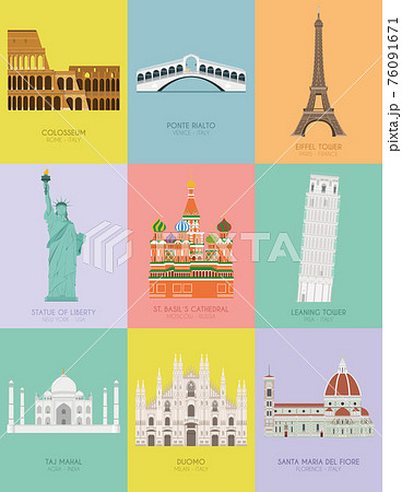 Modern design poster with colorful background of nine important monuments of the world Vector illustration 76091671