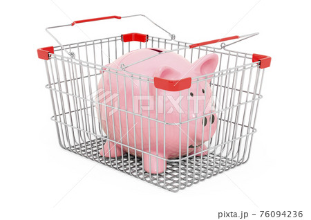 Shopping basket with piggy bank. 3D rendering Shopping basket with piggy bank. 3D rendering 76094236